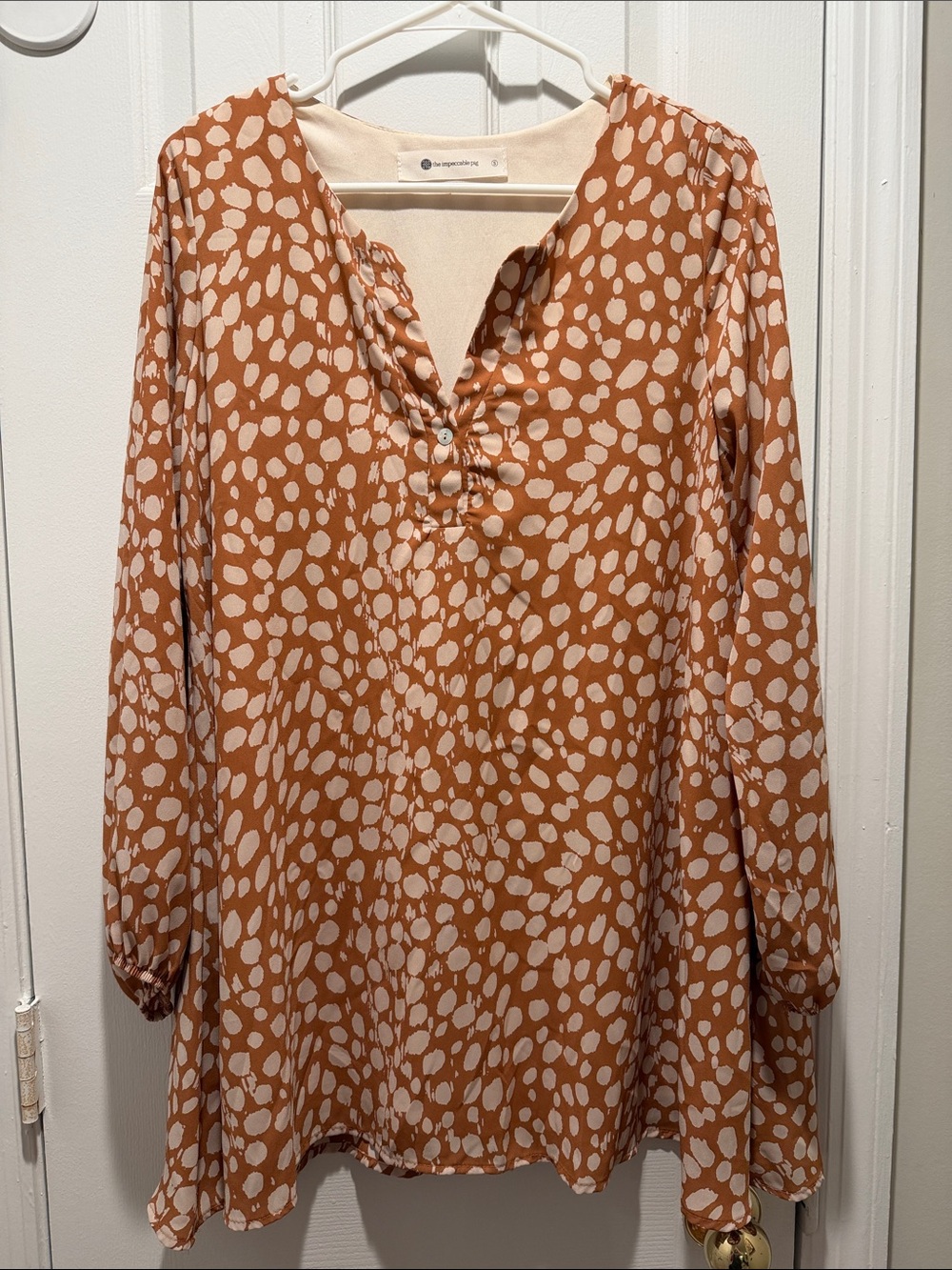 The Impeccable Pig Rust and Cream Spot-Print V-Neck Mini Dress